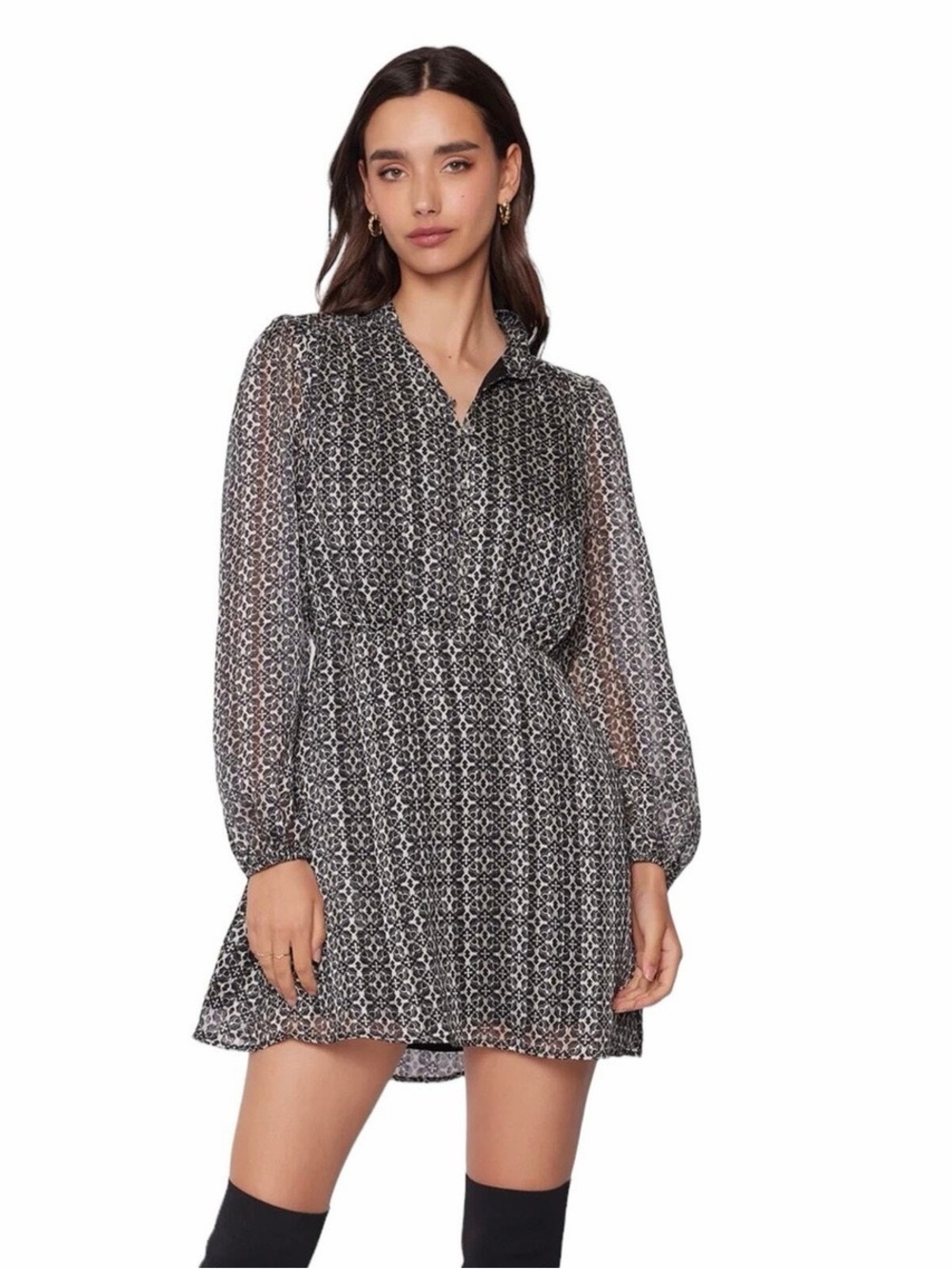 NWT Lost + Wander Black and White Printed Long-Sleeve Mini Dress